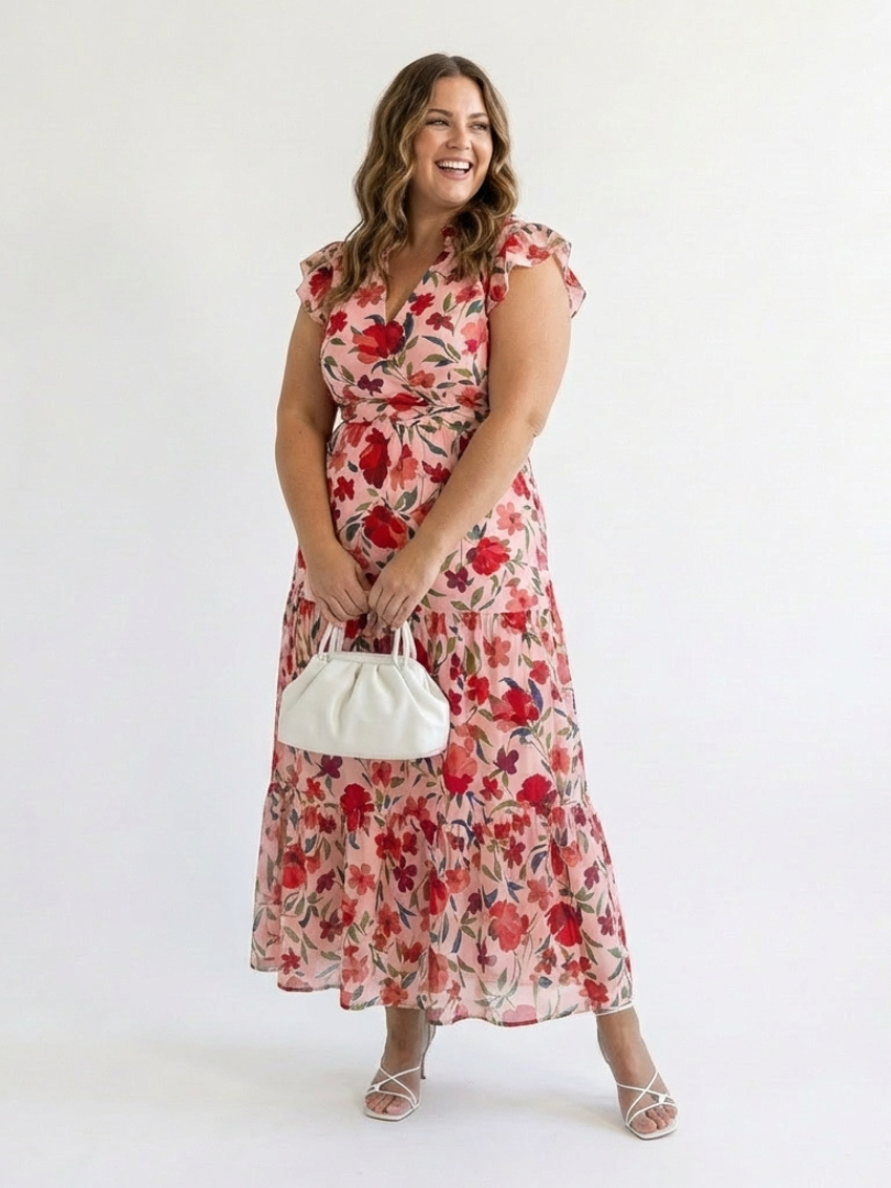 Floral V-Neck Tiered Midi Dress