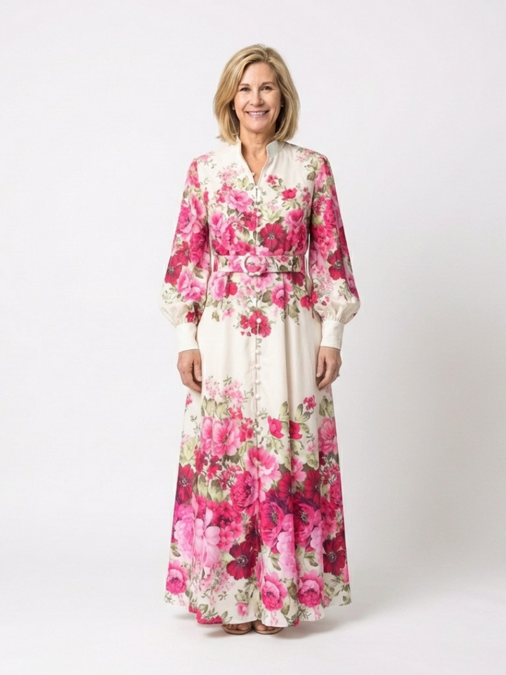 Long Sleeve Floral Belted Maxi Dress