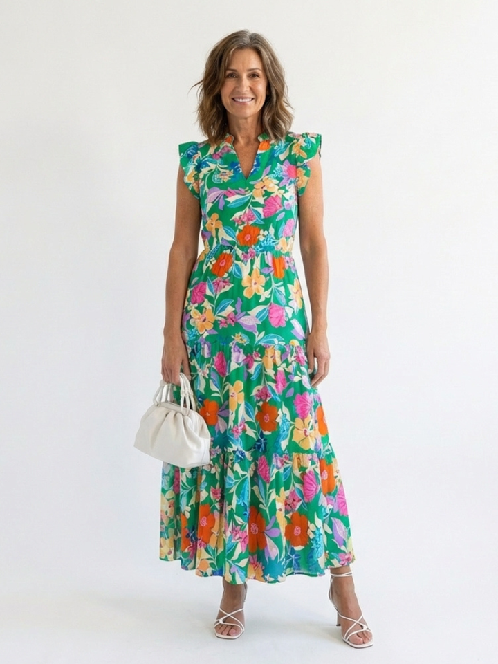 Floral V-Neck Tiered Midi Dress