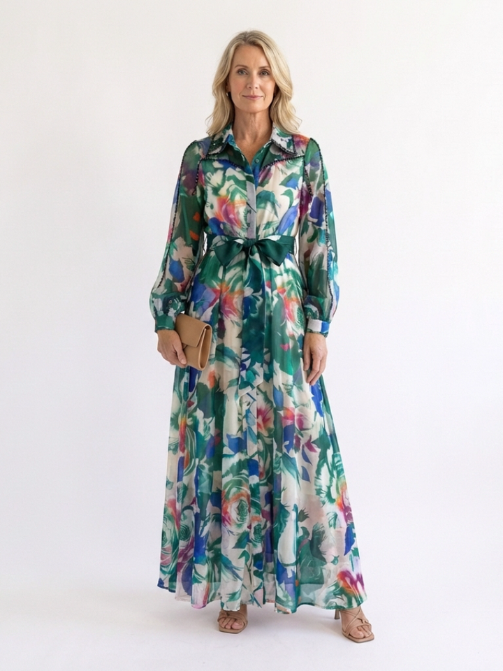 Long Sleeve Printed Belted Maxi Dress