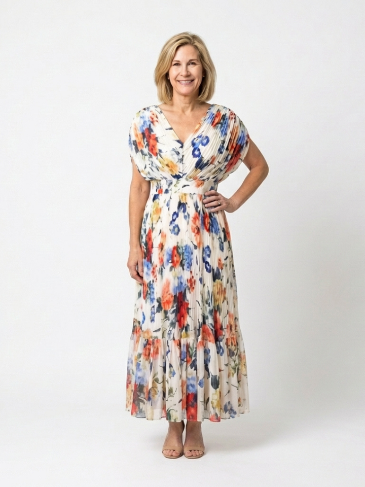 Short Sleeve Pleated Floral Midi Dress
