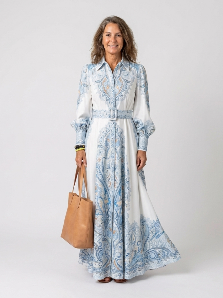 High Neck Printed Long Sleeve Maxi Dress