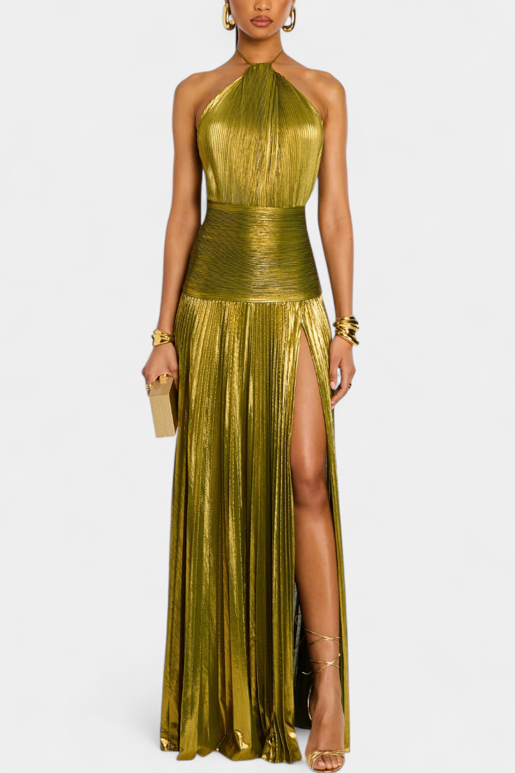 Emily – Metallic Halter Backless Dress
