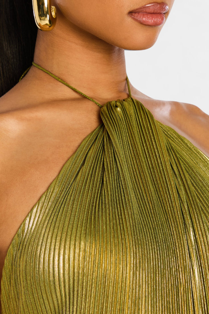 Emily – Metallic Halter Backless Dress