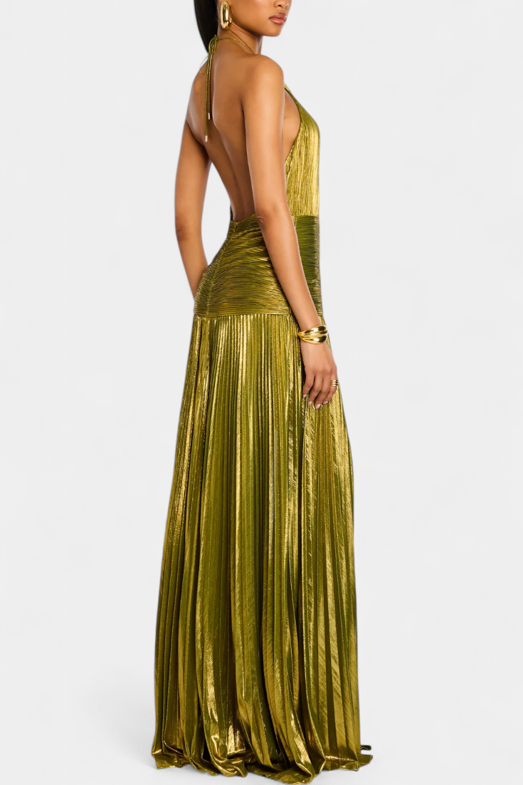 Emily – Metallic Halter Backless Dress