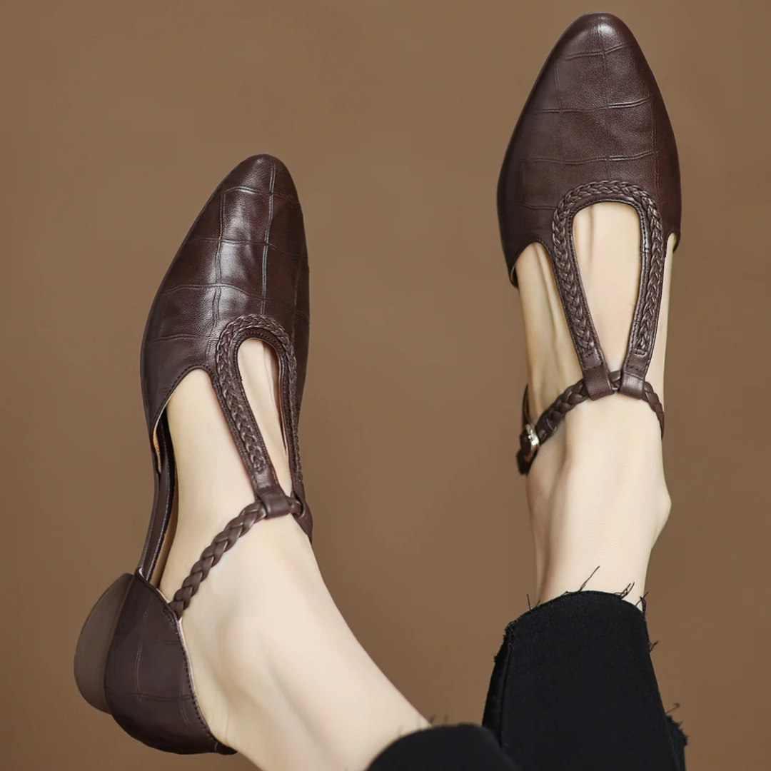 Greta | Classic Leather T-Strap Shoes with Braided Detail
