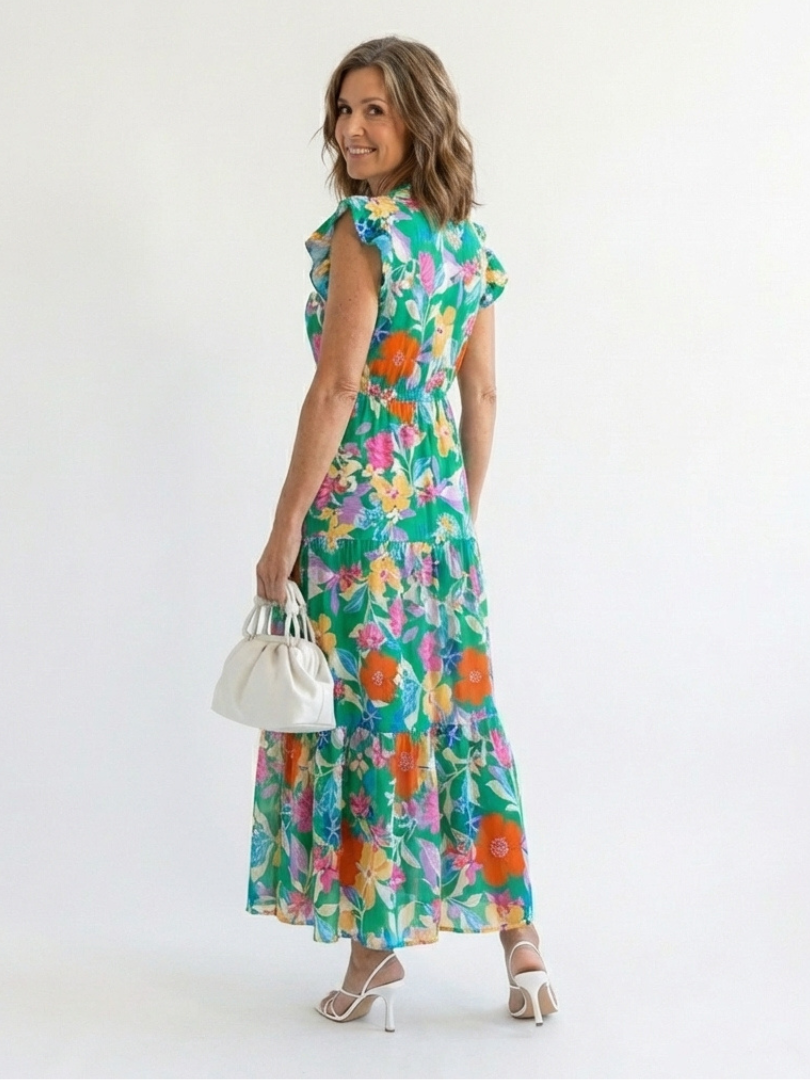 Floral V-Neck Tiered Midi Dress
