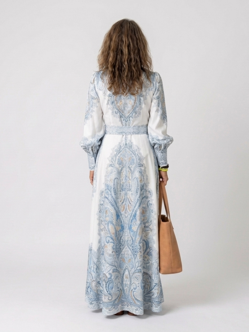 High Neck Printed Long Sleeve Maxi Dress