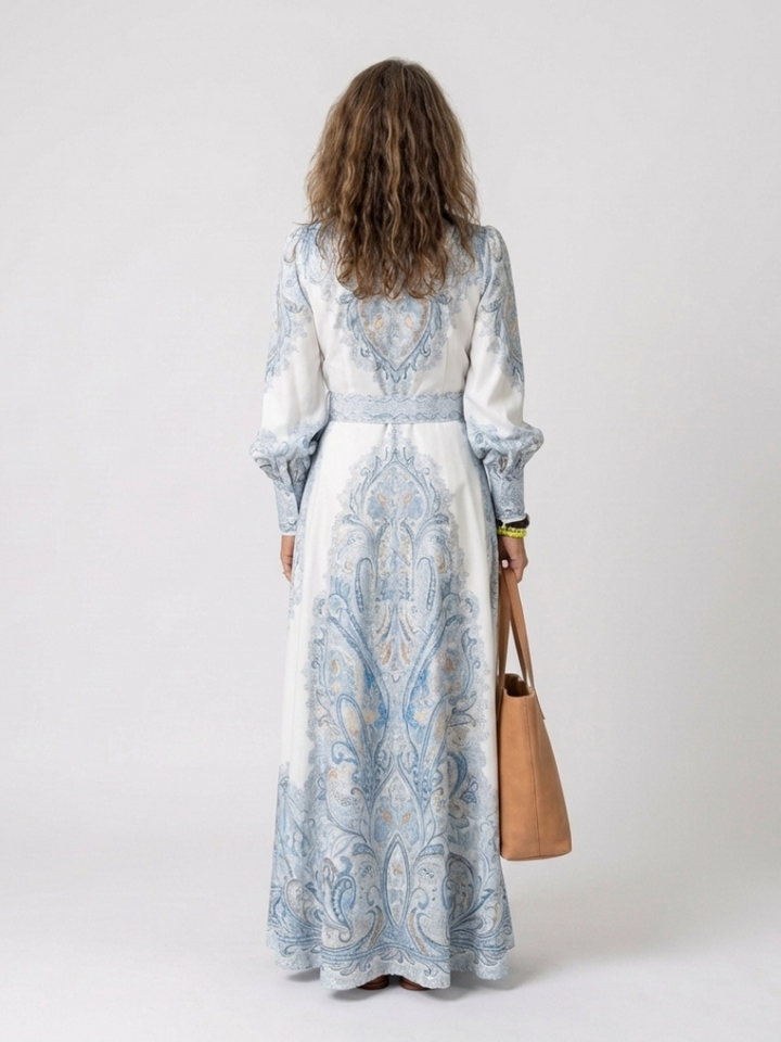 High Neck Printed Long Sleeve Maxi Dress
