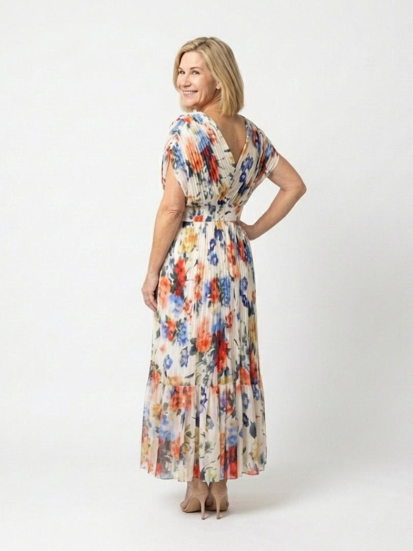 Short Sleeve Pleated Floral Midi Dress