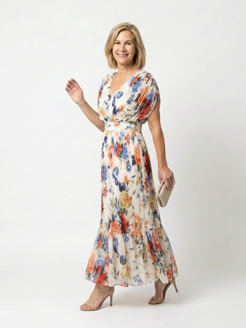 Short Sleeve Pleated Floral Midi Dress