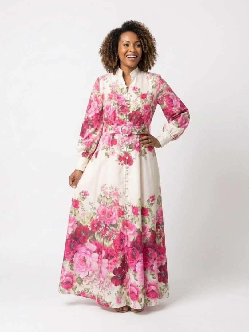 Long Sleeve Floral Belted Maxi Dress