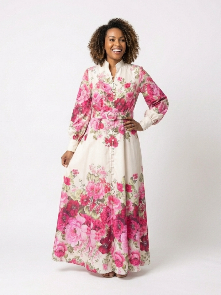 Long Sleeve Floral Belted Maxi Dress