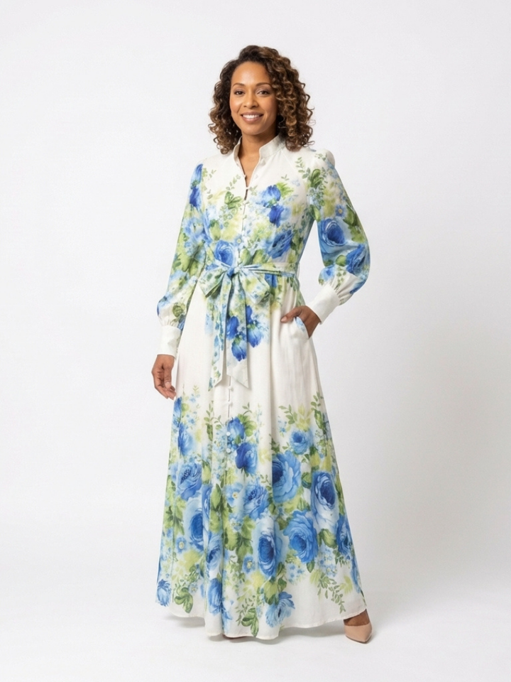 Long Sleeve Floral Button Front Maxi Dress
