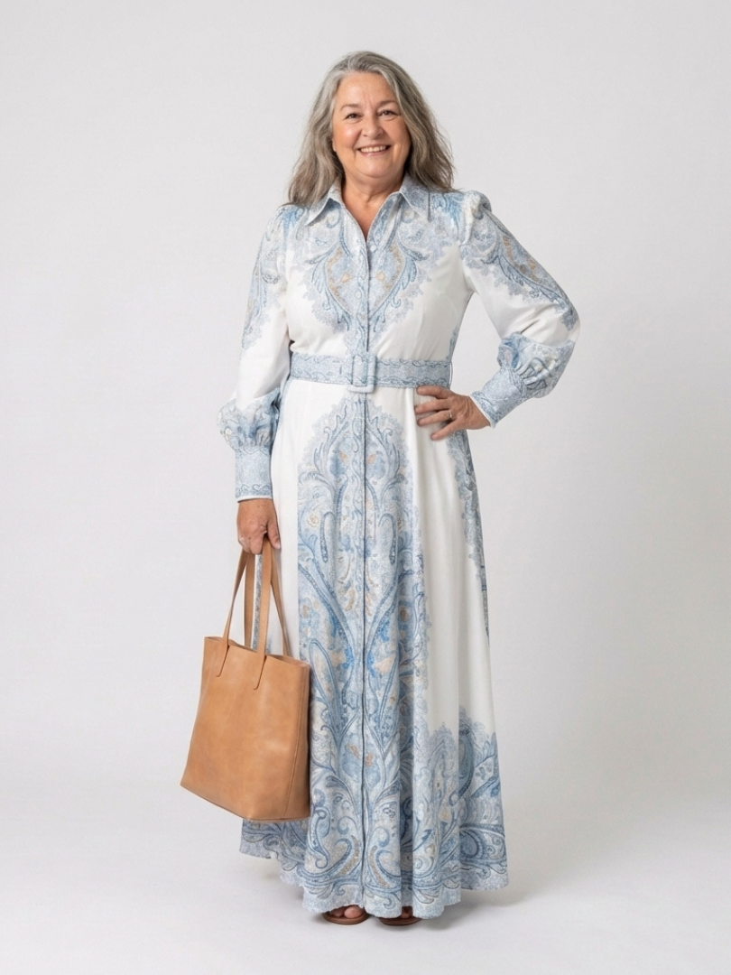High Neck Printed Long Sleeve Maxi Dress