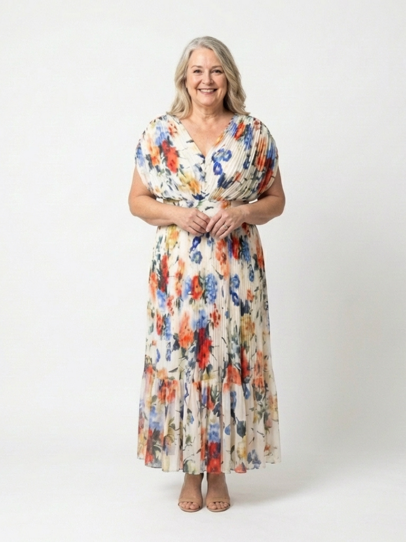 Short Sleeve Pleated Floral Midi Dress
