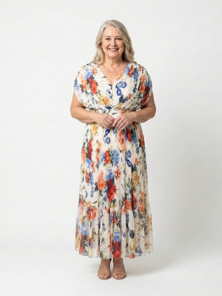 Short Sleeve Pleated Floral Midi Dress