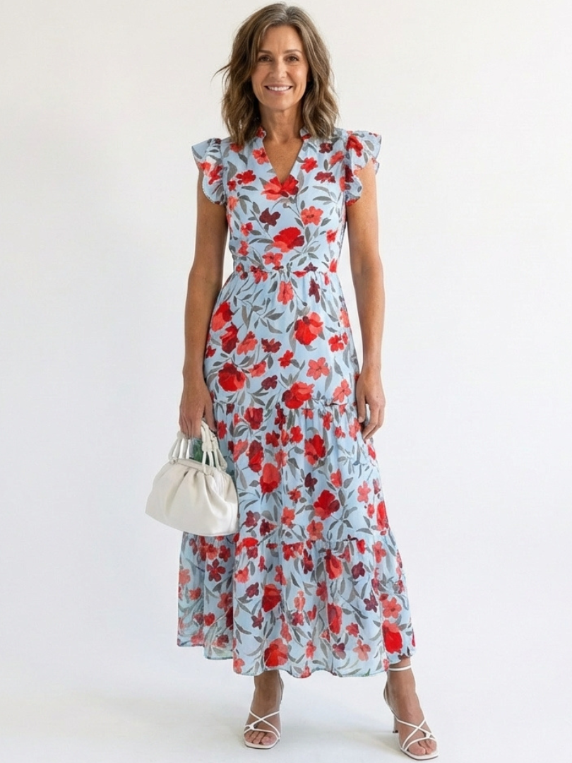 Floral V-Neck Tiered Midi Dress