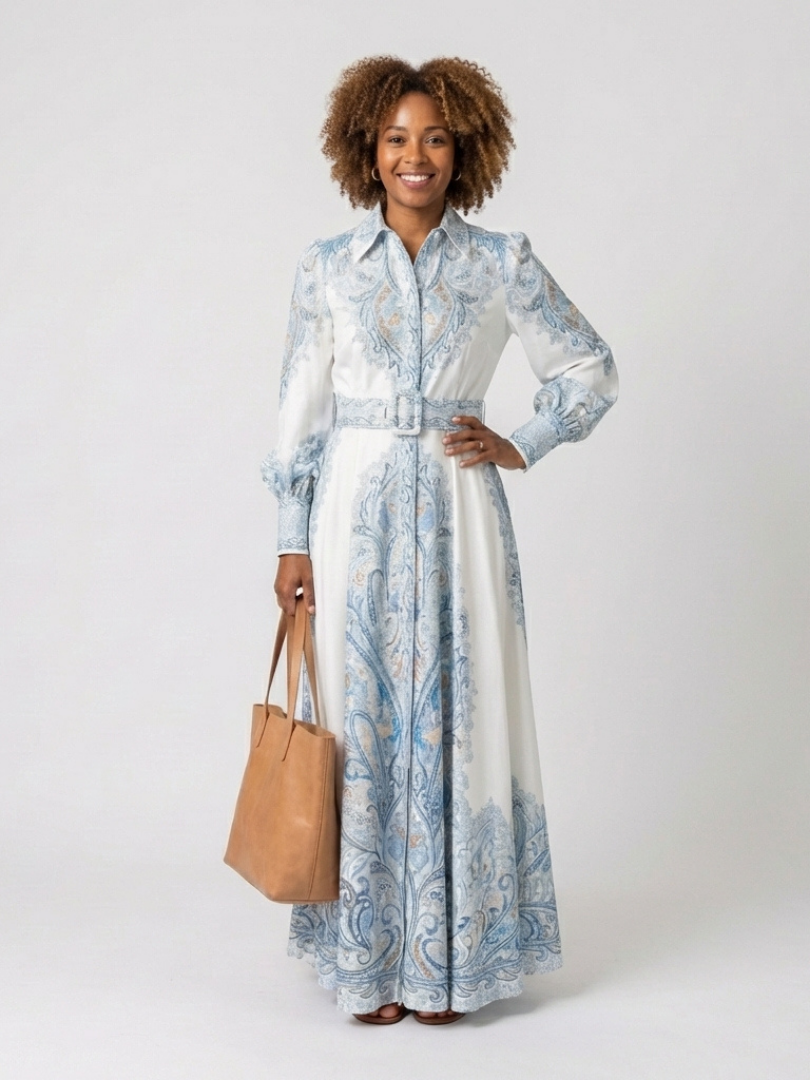 High Neck Printed Long Sleeve Maxi Dress