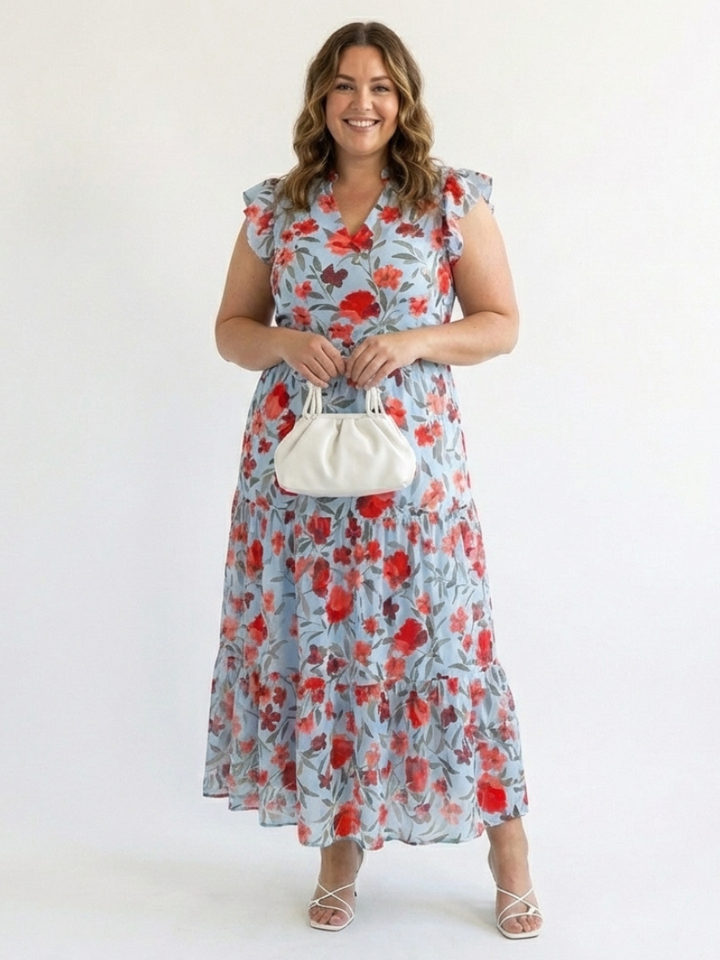 Floral V-Neck Tiered Midi Dress