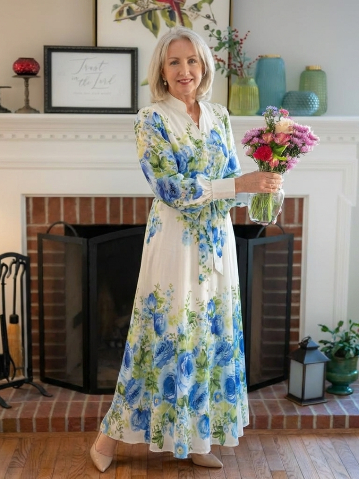 Long Sleeve Floral Button Front Maxi Dress