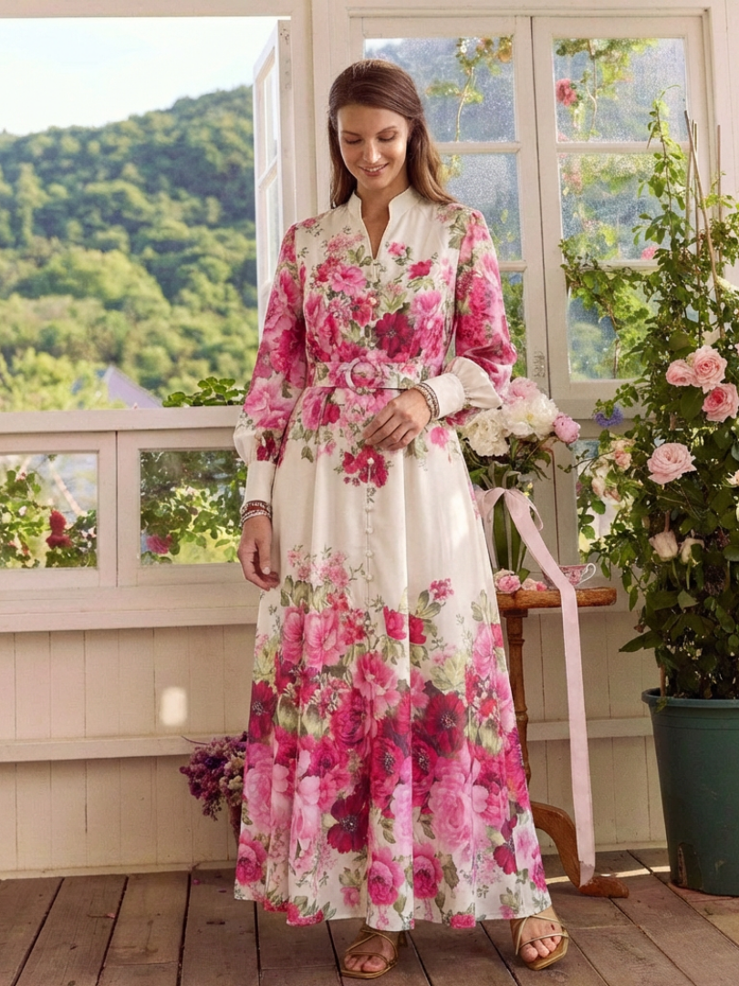 Long Sleeve Floral Belted Maxi Dress