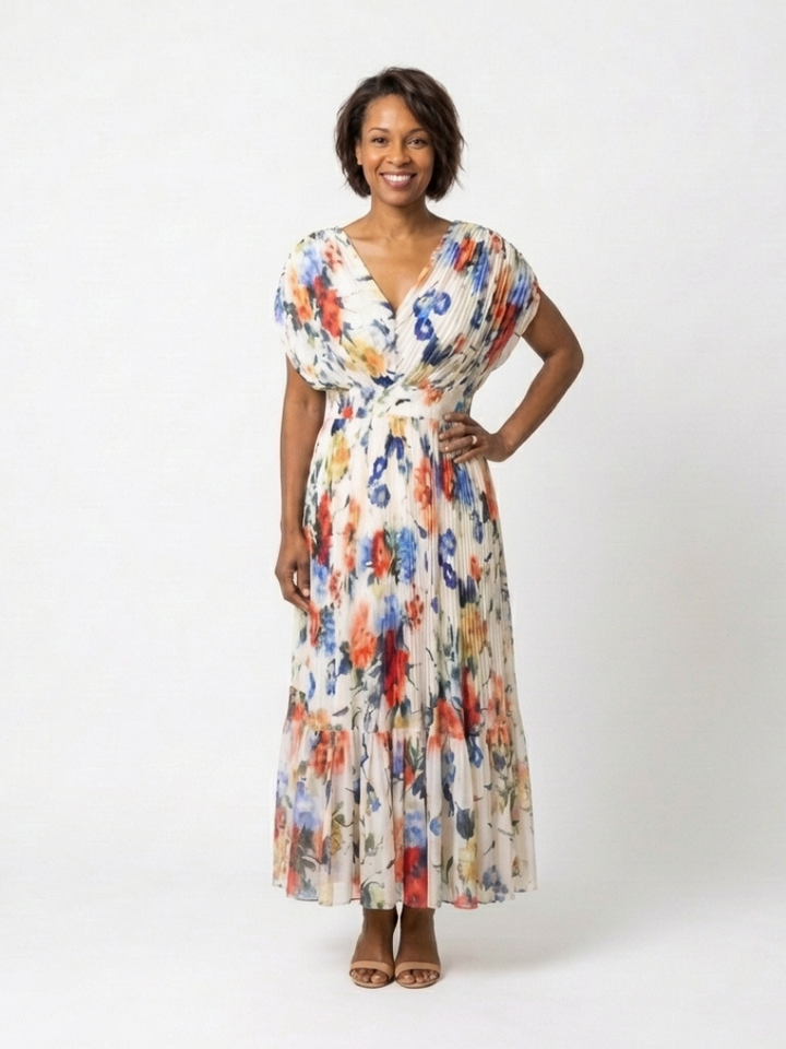 Short Sleeve Pleated Floral Midi Dress