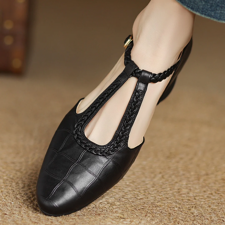 Greta | Classic Leather T-Strap Shoes with Braided Detail
