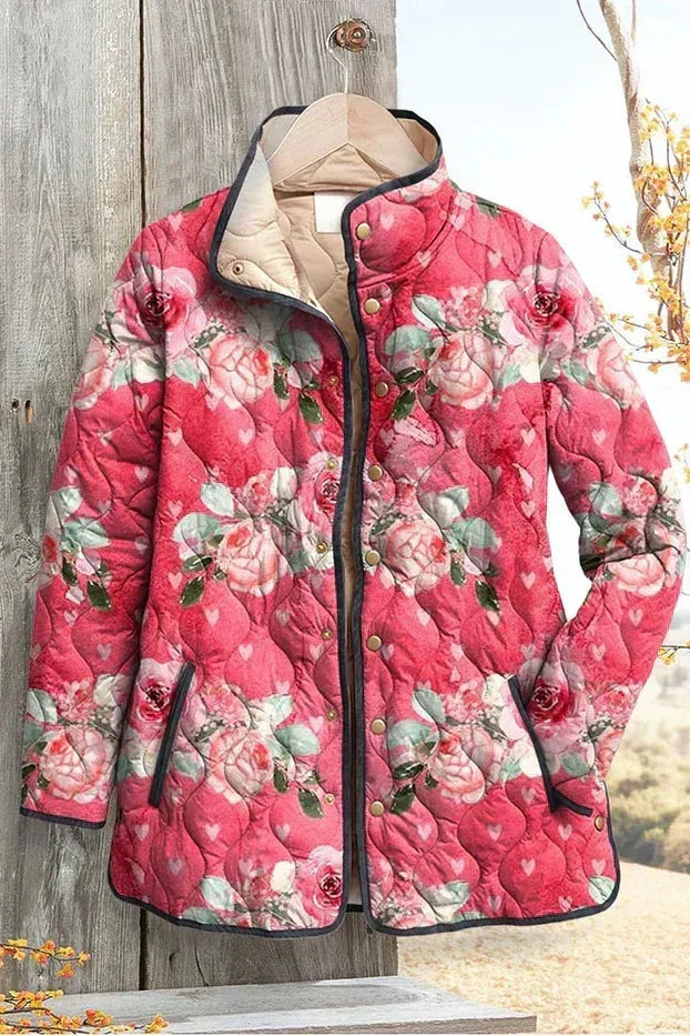 Quilted Jacket with Roses in Berry