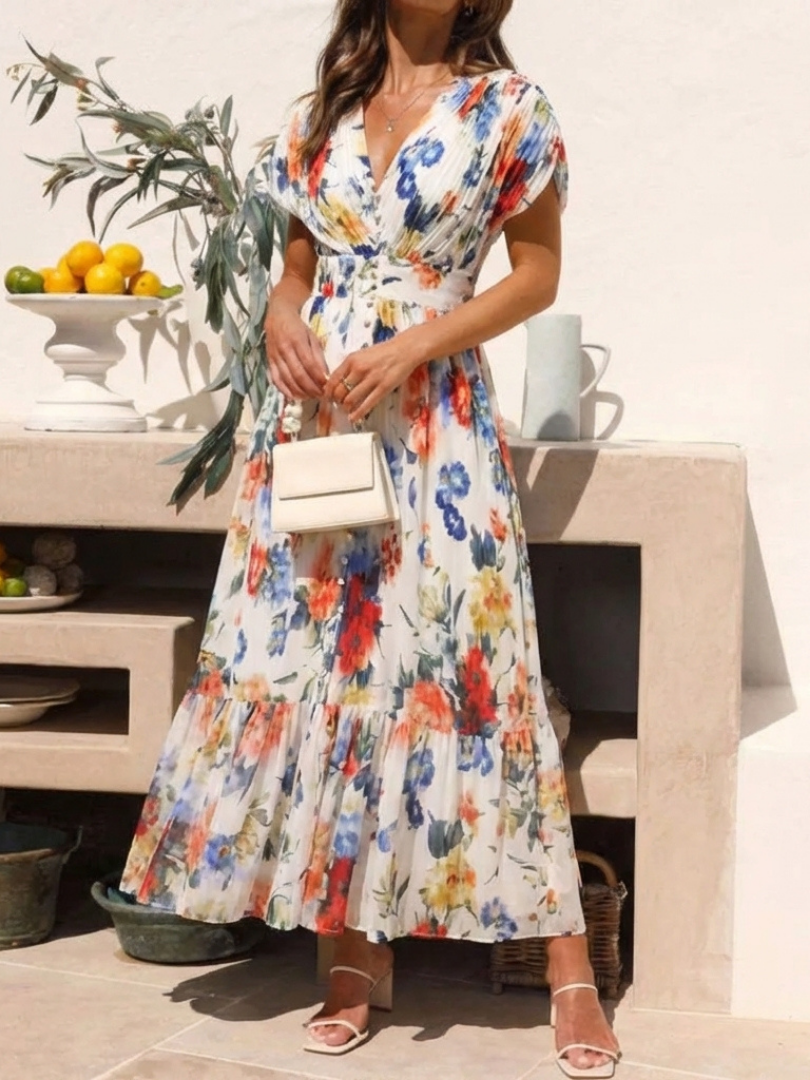 Short Sleeve Pleated Floral Midi Dress