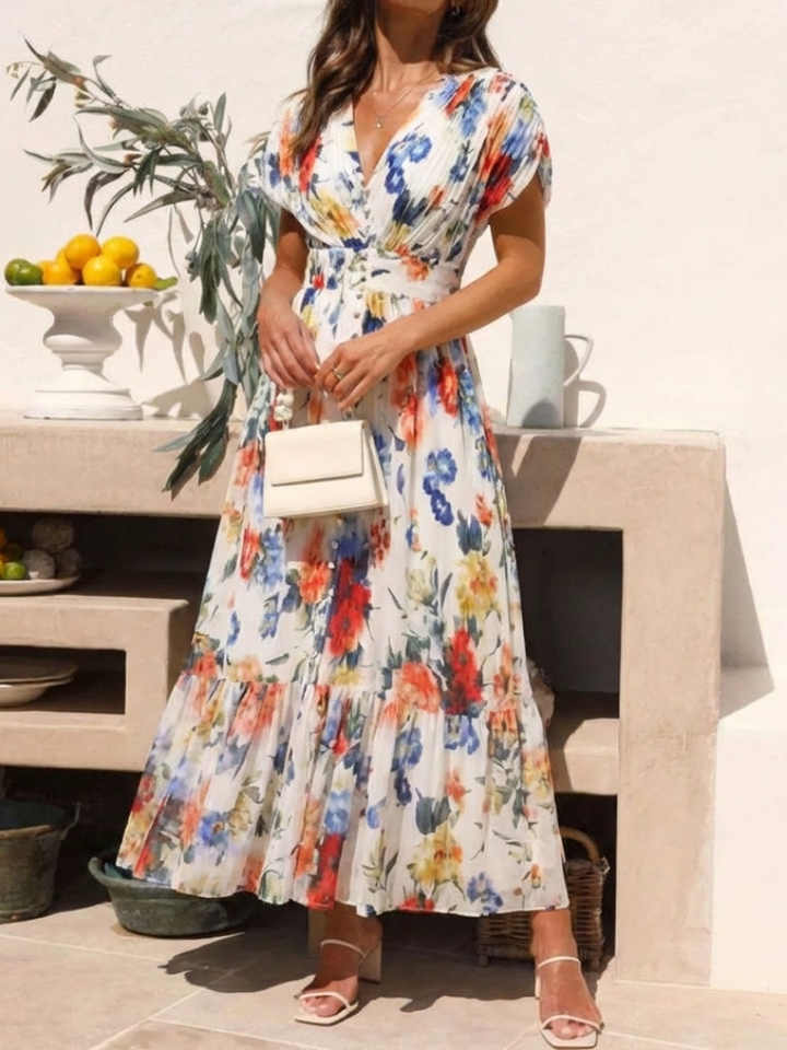 Short Sleeve Pleated Floral Midi Dress