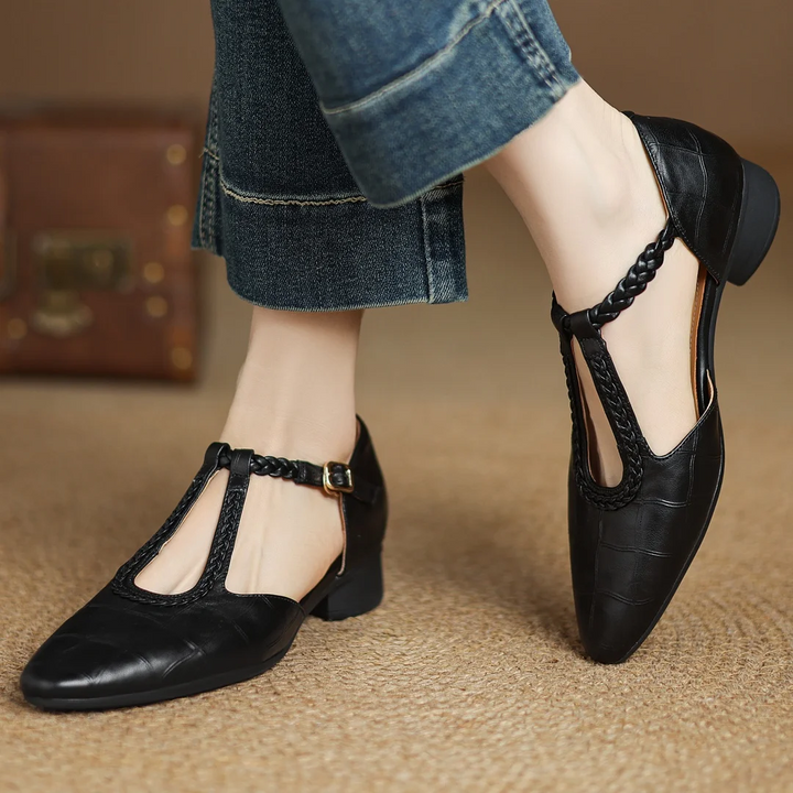 Greta | Classic Leather T-Strap Shoes with Braided Detail