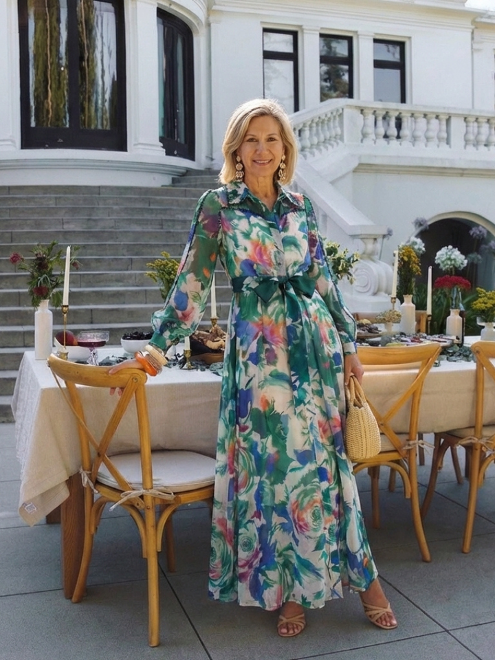 Long Sleeve Printed Belted Maxi Dress
