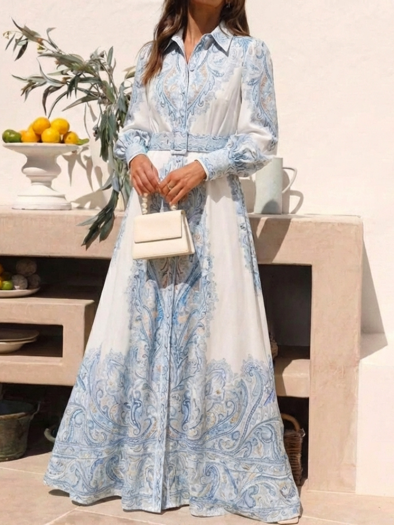 High Neck Printed Long Sleeve Maxi Dress