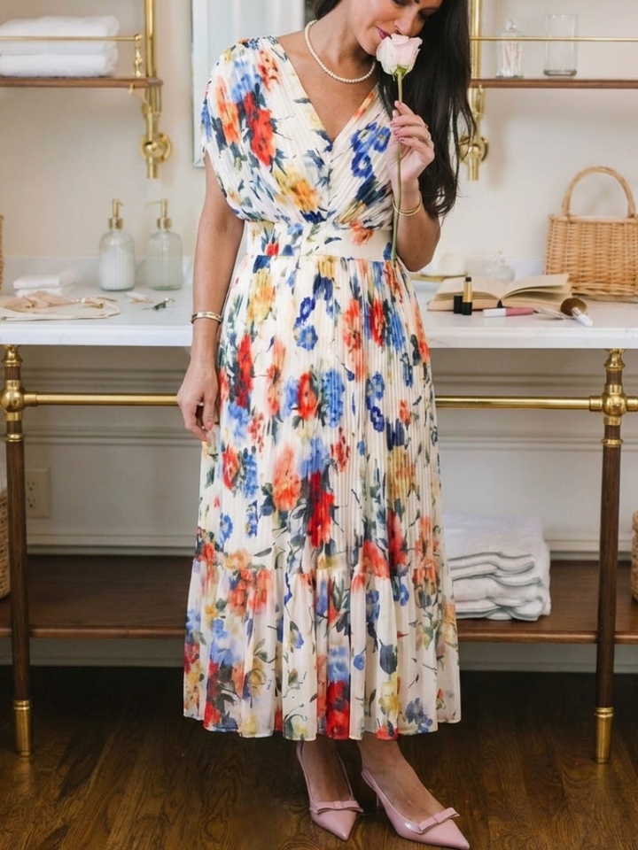 Short Sleeve Pleated Floral Midi Dress