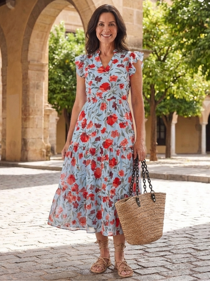 Floral V-Neck Tiered Midi Dress