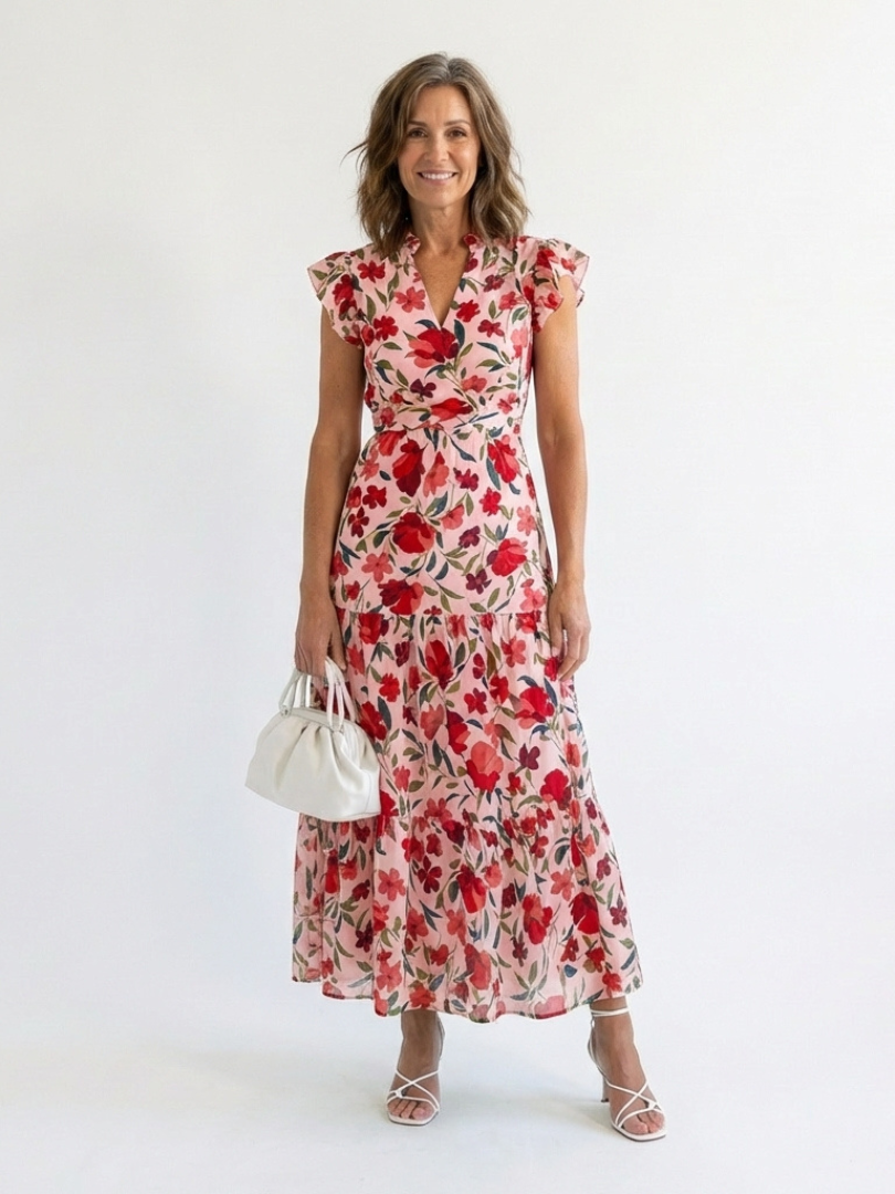 Floral V-Neck Tiered Midi Dress
