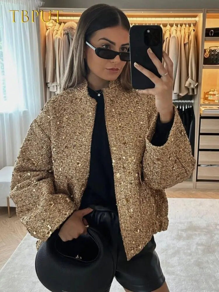 Jane | Sophia Evans Tweed Bomber Jacket with Gold Sequins