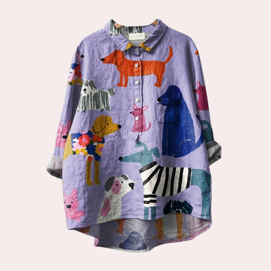 Jane | Lange Damenbluse mit verspieltem Hundeprint