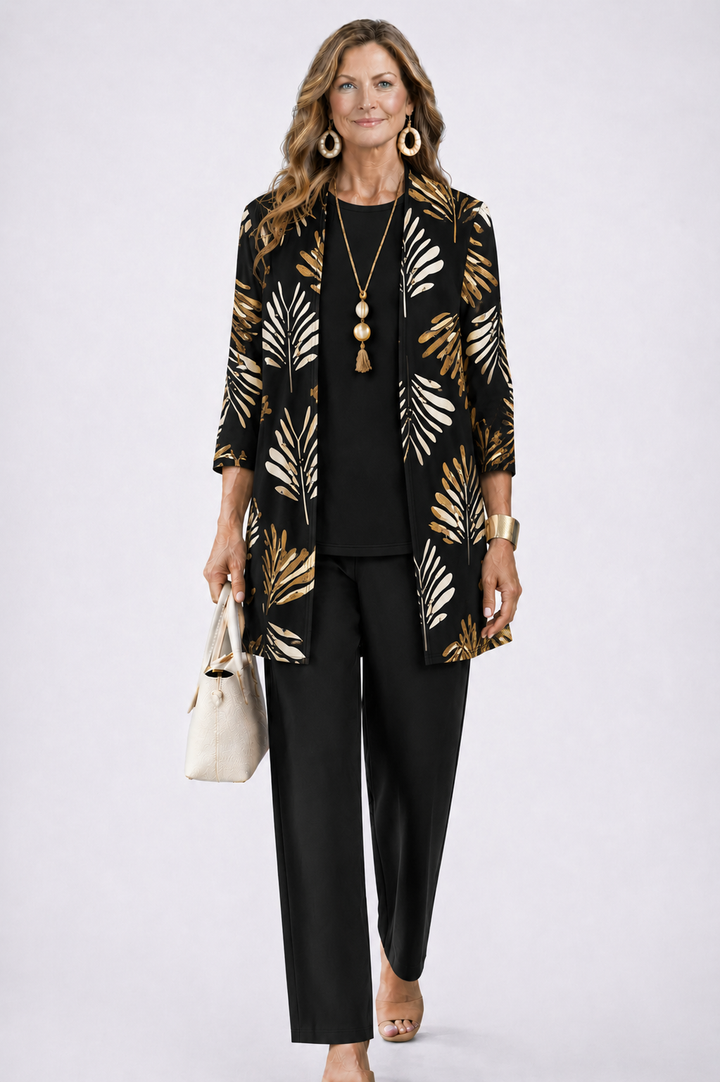 Three-Piece Co-ord Set with Longline Cardigan and Printed Trousers