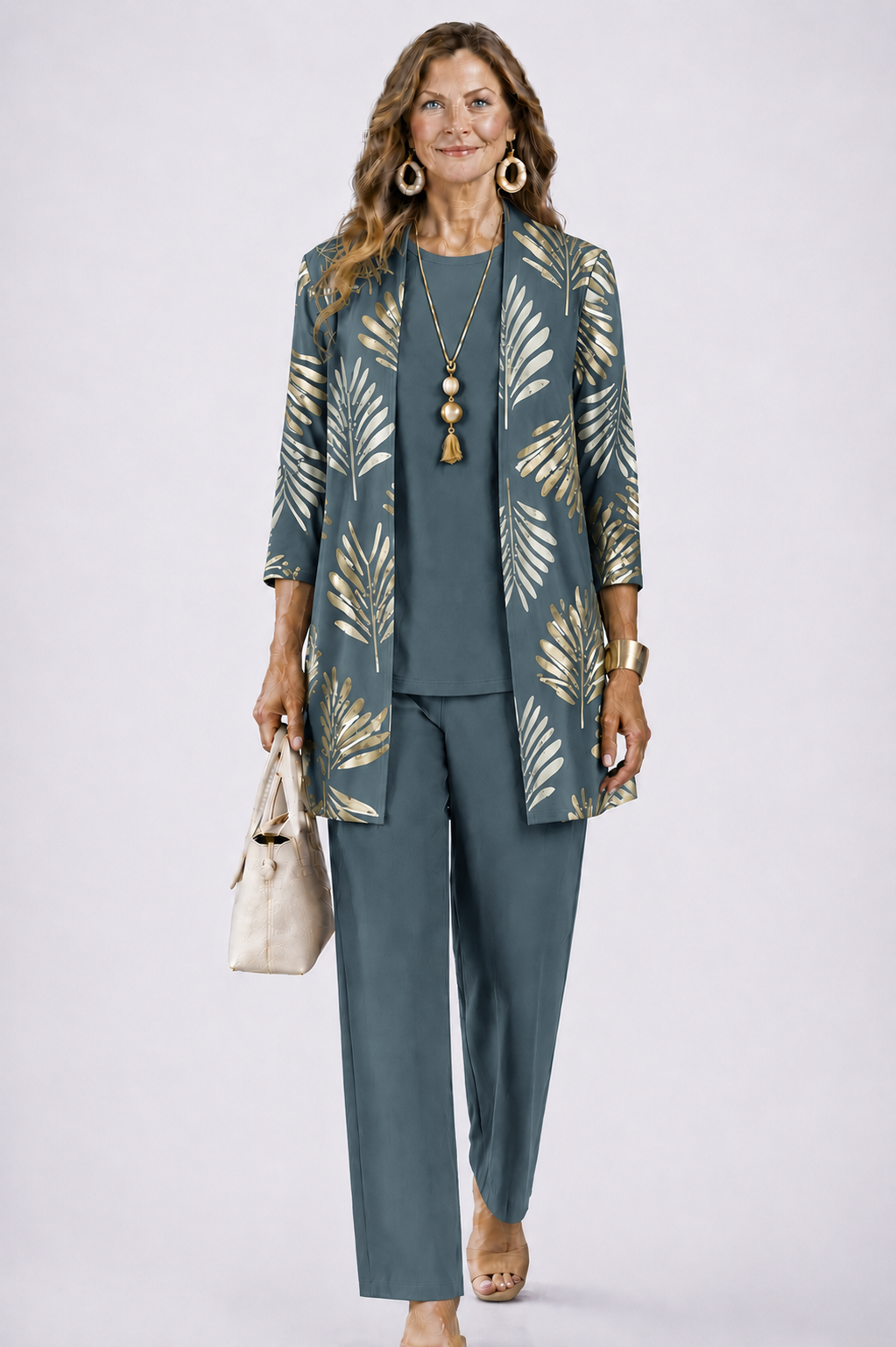 Three-Piece Co-ord Set with Longline Cardigan and Printed Trousers