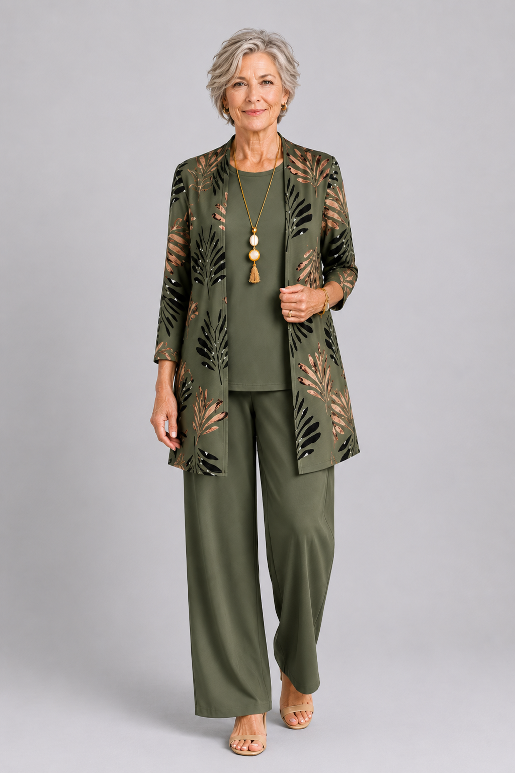 Longline Cardigan Set with Inner Top and Printed Trousers