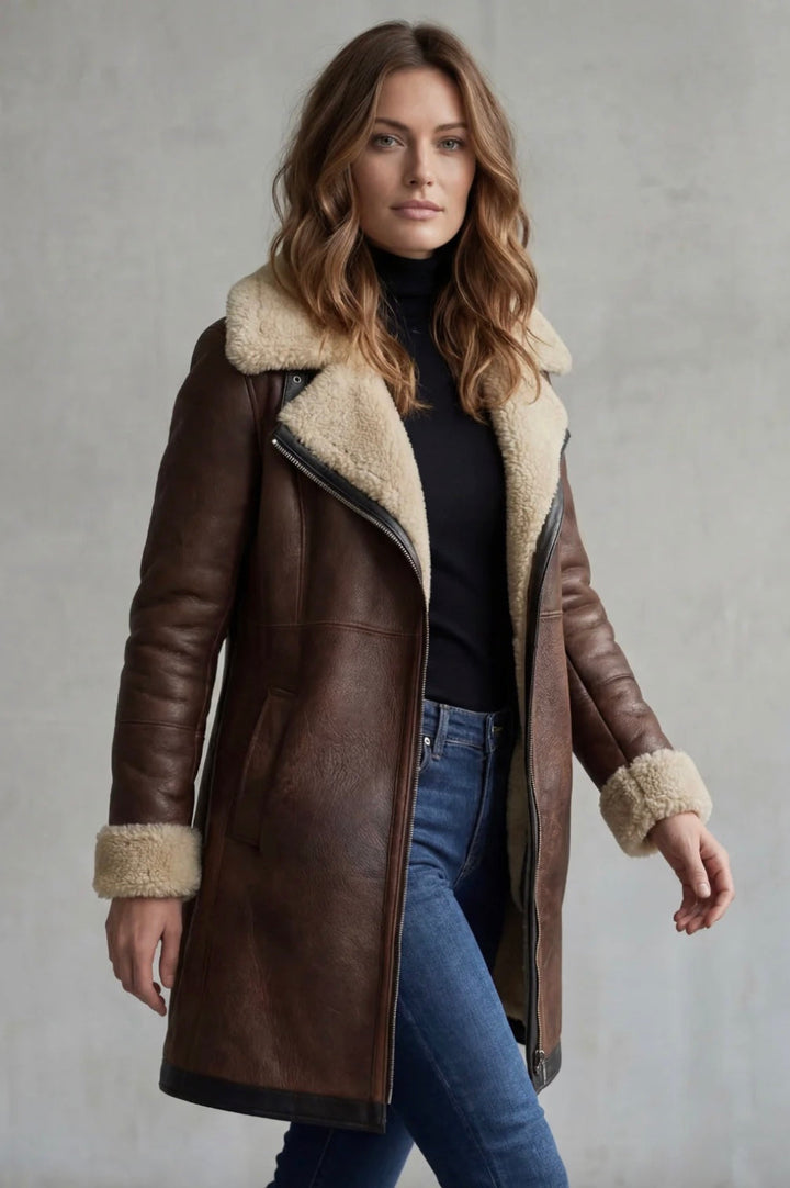Women's Elegant Leather Coat with Shearling Lining – Amara