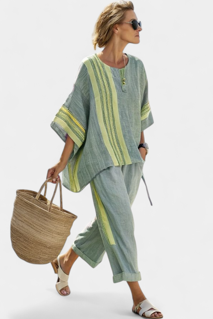 Elegant Lavender Top & Mustard Striped Pants