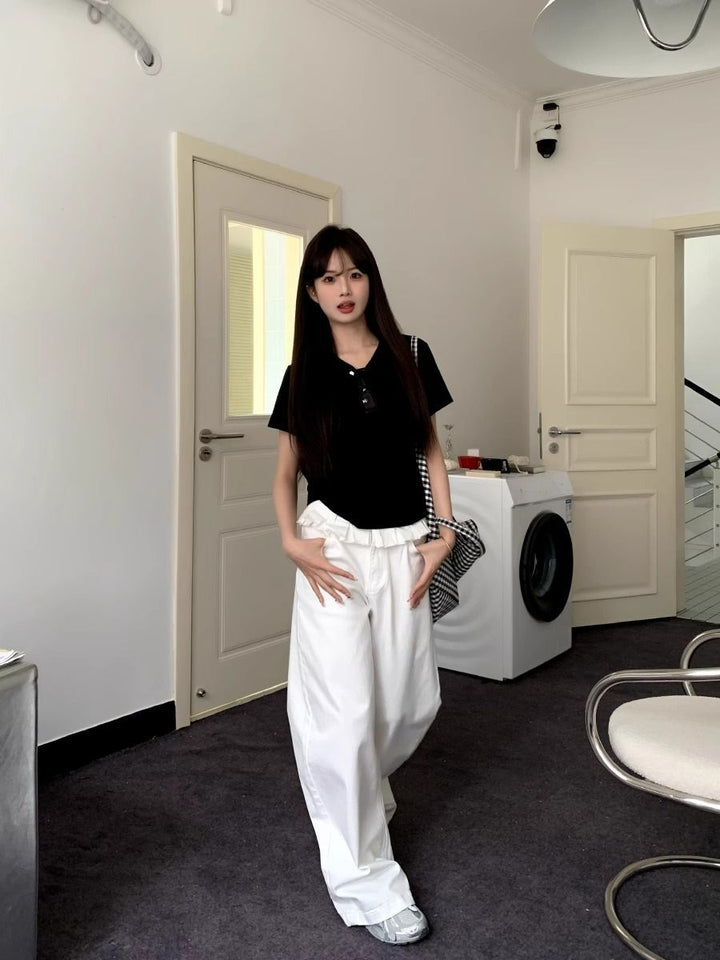 Elegant Lace-Trimmed Wide-Leg Jeans