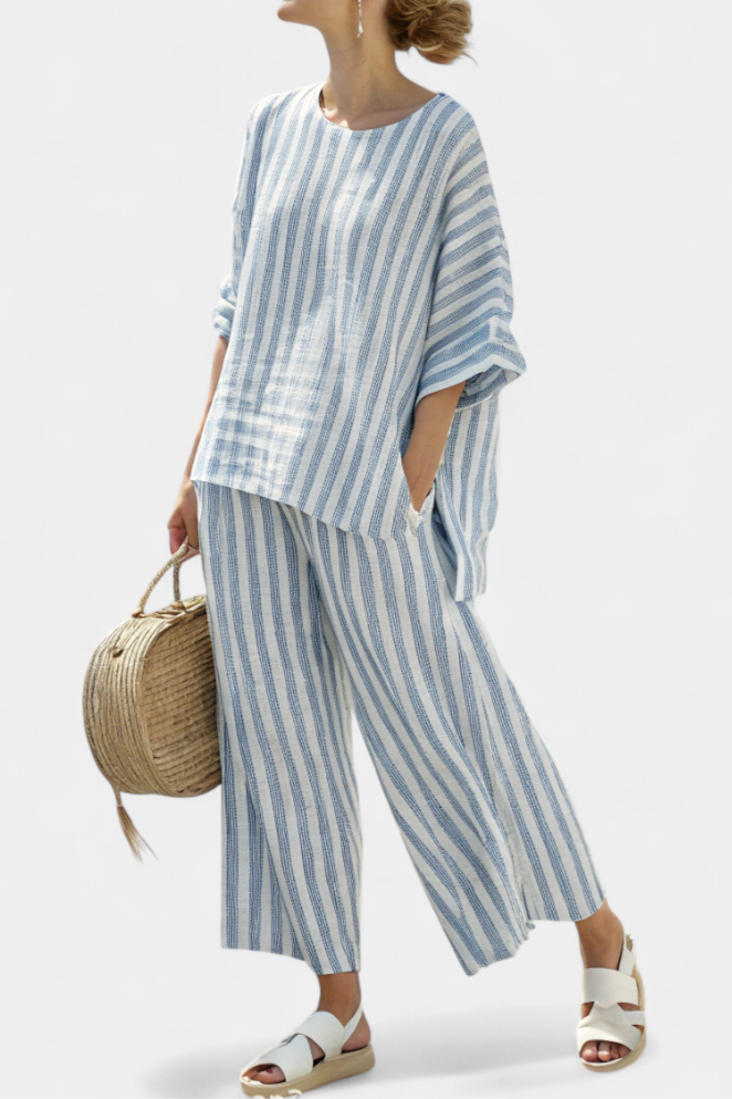 Sophisticated Blue Striped Linen Top & Relaxed Pants