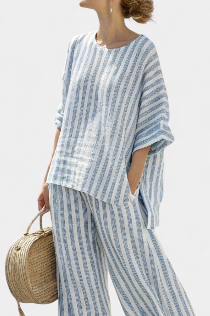 Sophisticated Blue Striped Linen Top & Relaxed Pants