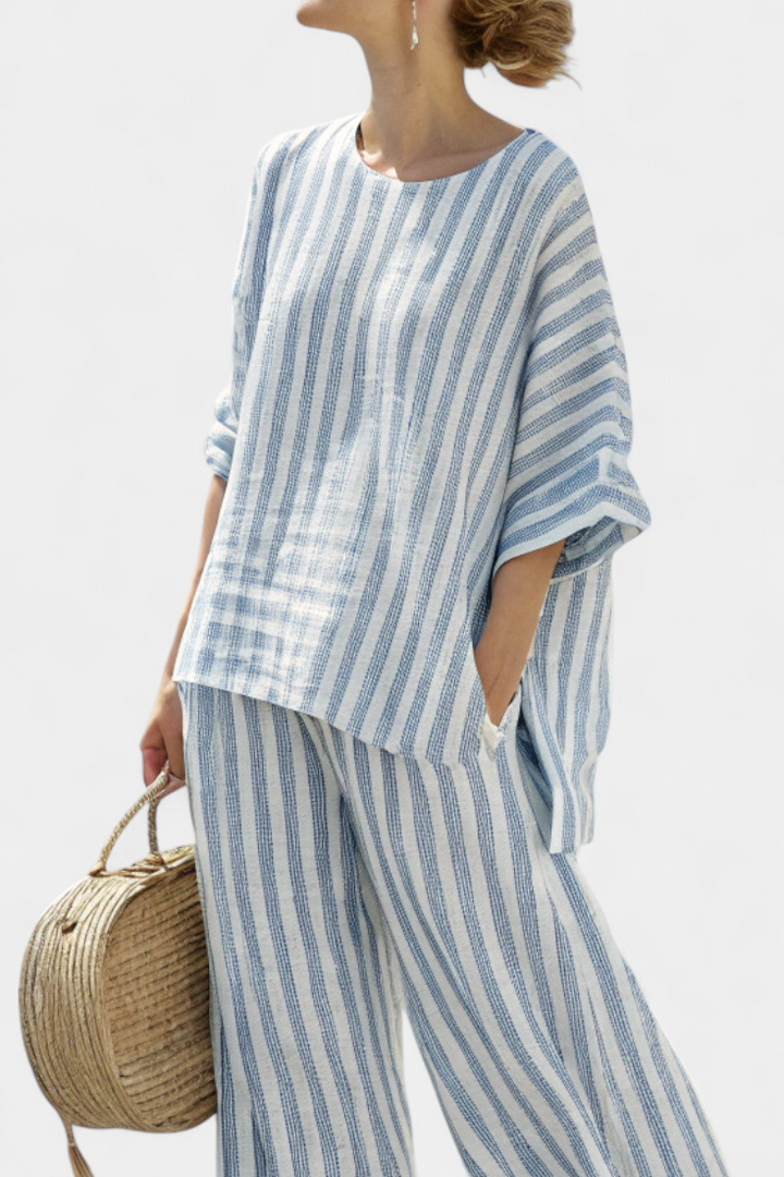 Sophisticated Blue Striped Linen Top & Relaxed Pants