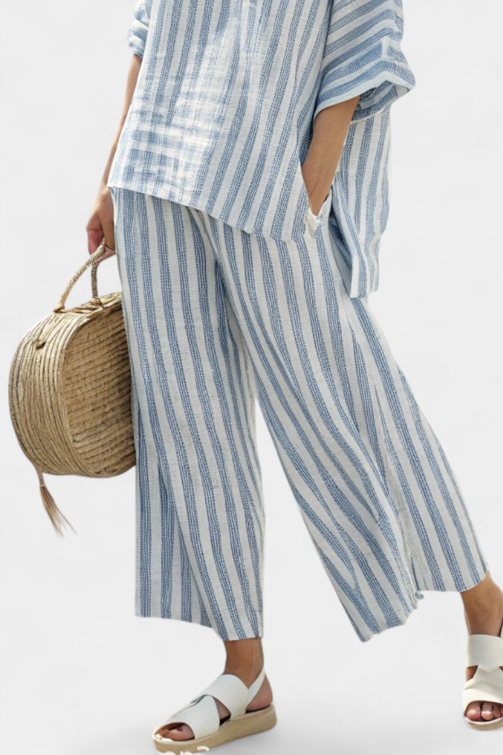 Sophisticated Blue Striped Linen Top & Relaxed Pants