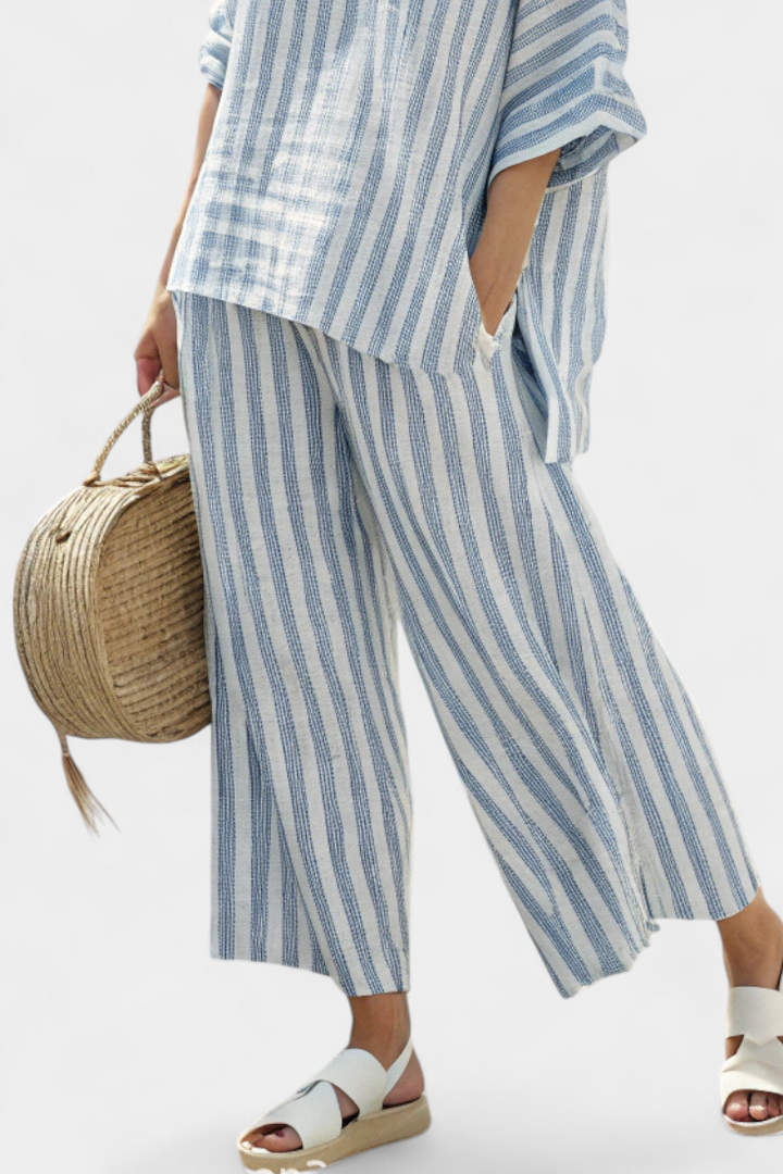 Sophisticated Blue Striped Linen Top & Relaxed Pants